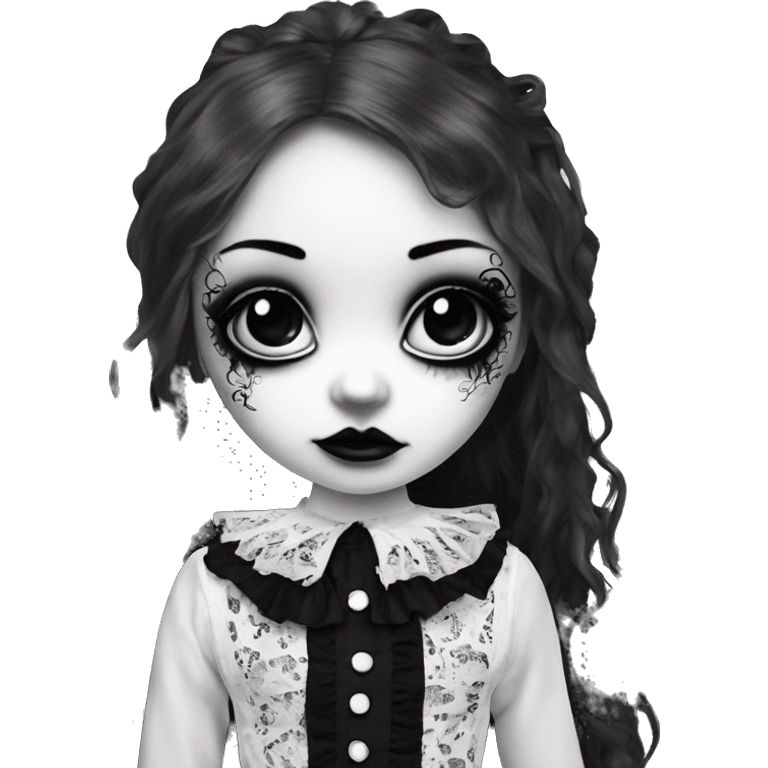 porcelain doll with a cracked face, goth makeup, long hair, lace and ruffles, lolita style, inked, black and white emoji