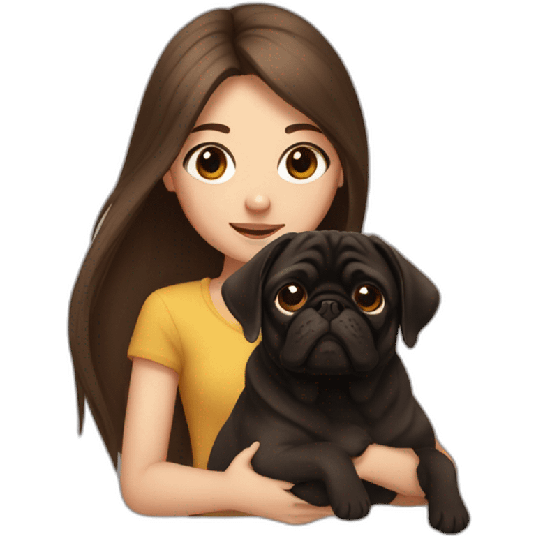 Girl with long brown hair and dark pug emoji