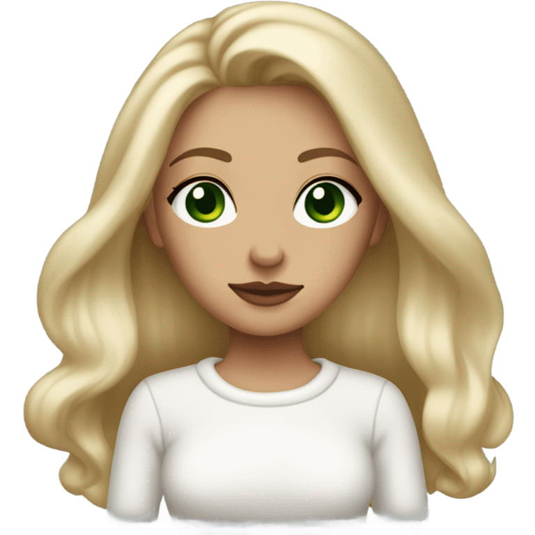 solo blonde girl with green eyes, smooth skin, white sweater, long blow out hair, baddie, middle part emoji