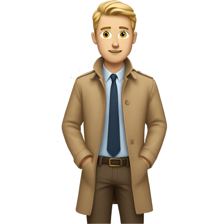 White Young man with a tan detective coat behind his laptop opened emoji