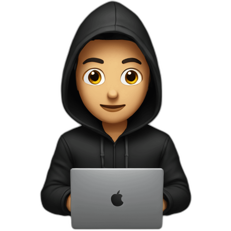 Young man with a black hood behind his laptop emoji