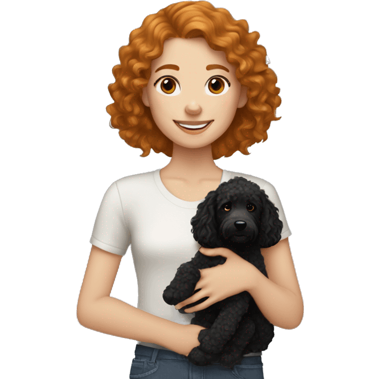 Caucasian girl with freckles and wavy ginger hair holding black goldendoodle emoji