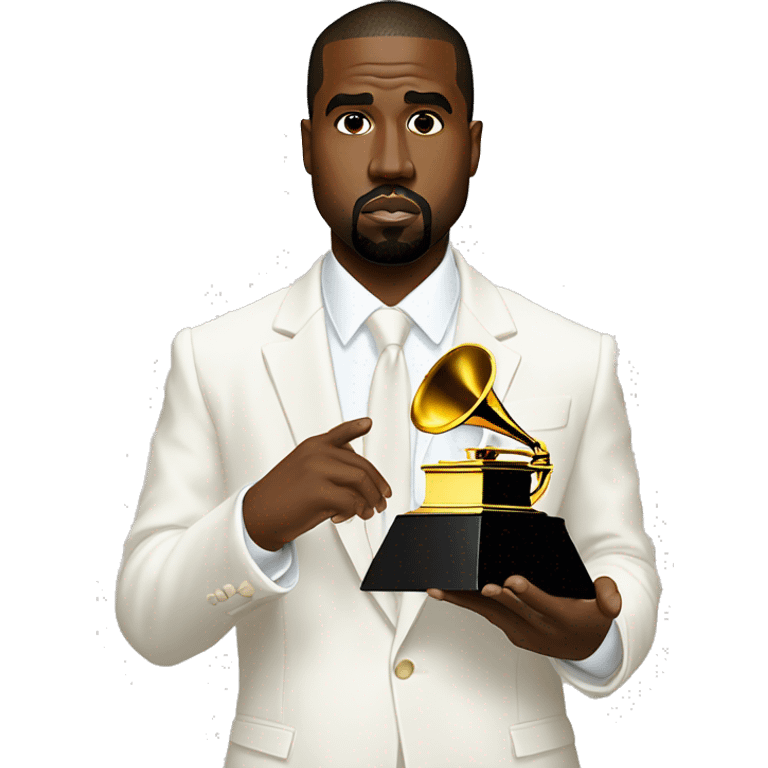 Kanye West wear white suit holding a Grammy emoji