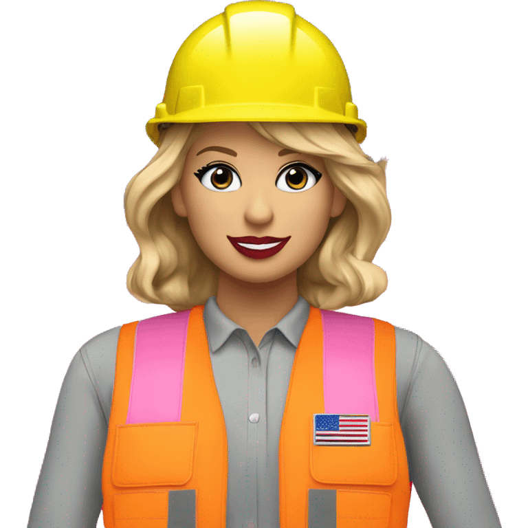 Taylor Swift is a construction worker wearing a neon pink safety vest, hard hat and ear muffs with a patriotic patch on her vest. The background image is of the patriotic flag  emoji