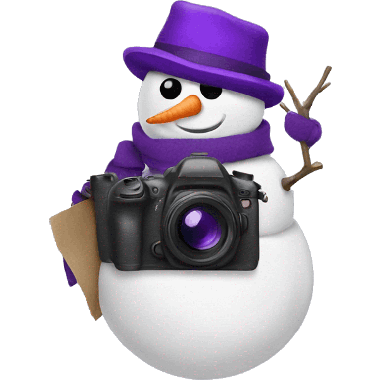 snowman holding a camera with a purple hat emoji