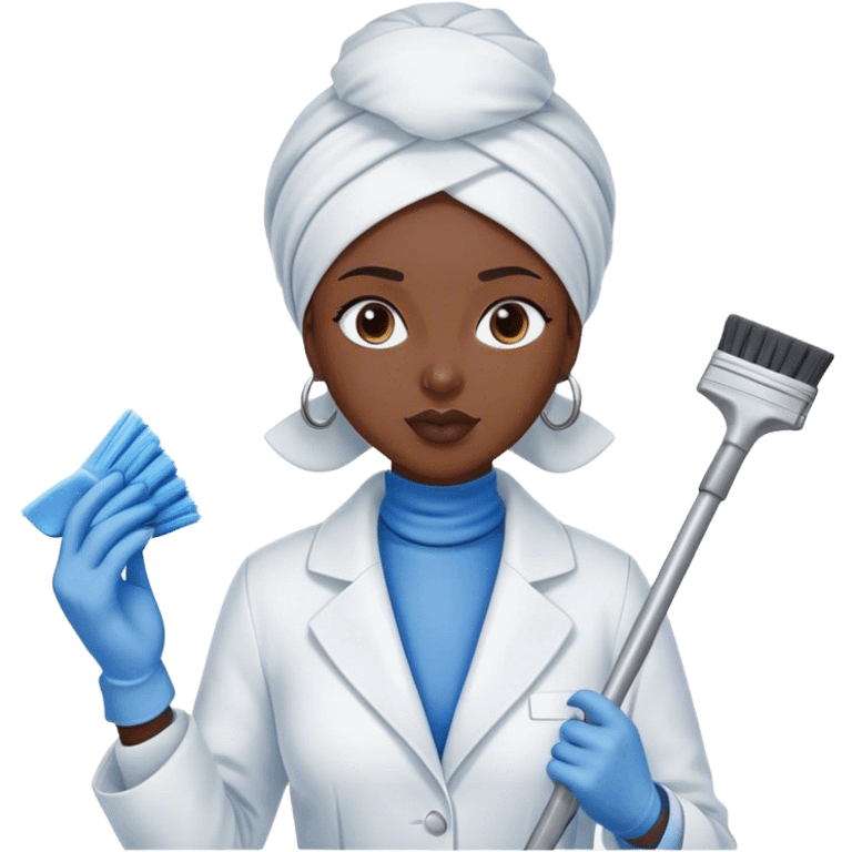 dark-skinned woman with white headscarf, white coat with blue collar, cleaning lady emoji