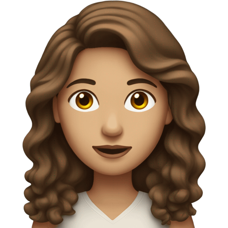 a woman with brown long wavy hair and brown eyes and white skin with macbook emoji