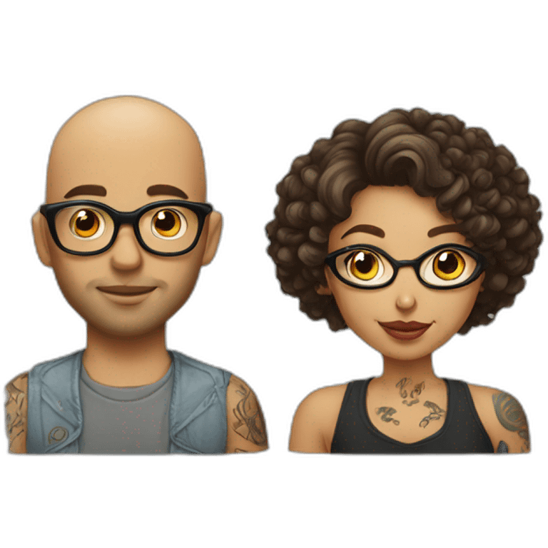 Young Bald man with tattoos. And Young curly-haired lady wearing glasses emoji