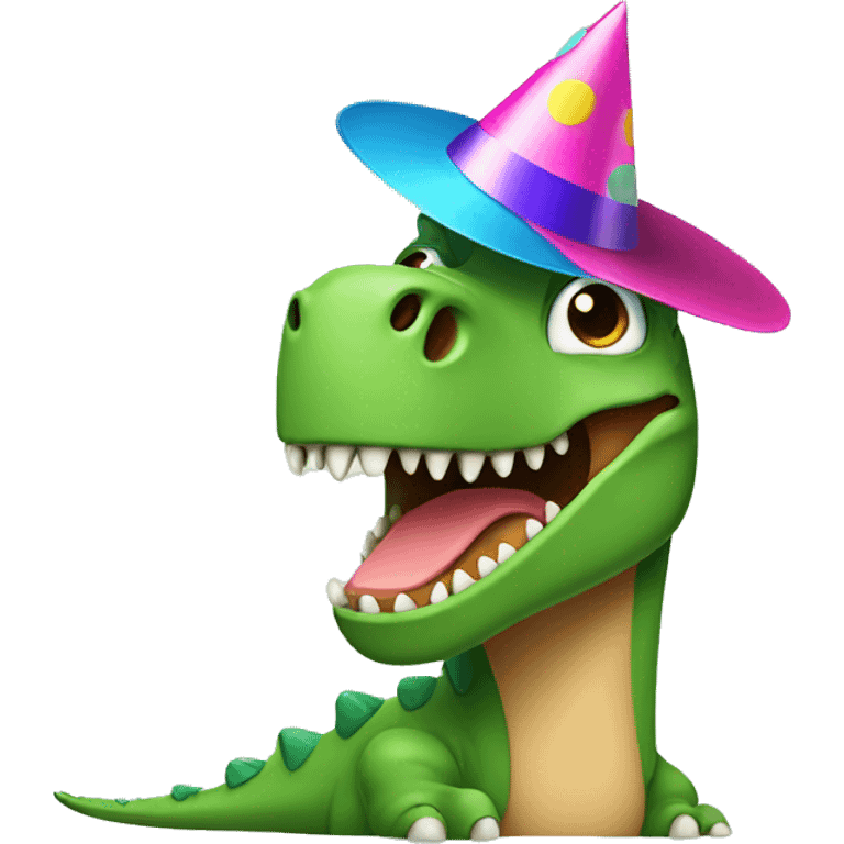 Dinosaur wearing a party hat emoji