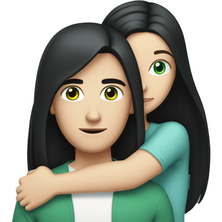 White brunette man with blue eyes hugging white woman with long straight black hair and green eyes emoji