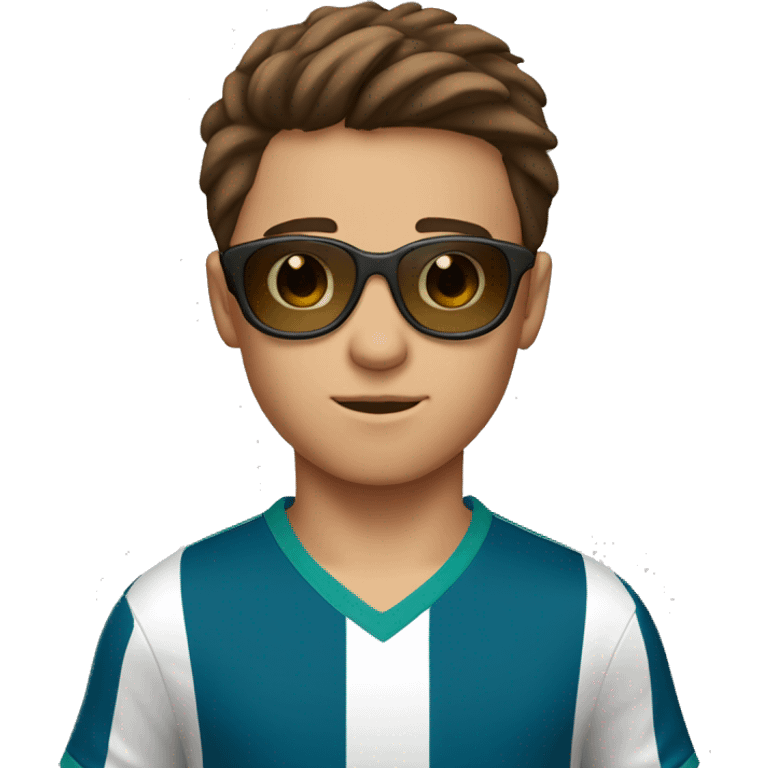 boy with brown hair and brown eyes and peach skin playing soccer with sunglasses on  emoji