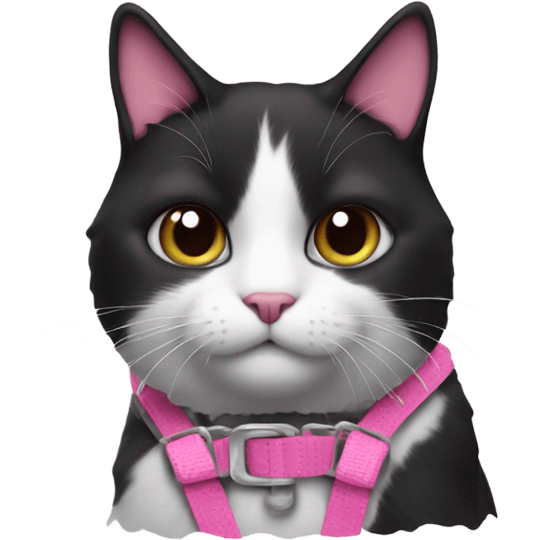 Black and white cat in pink harness emoji