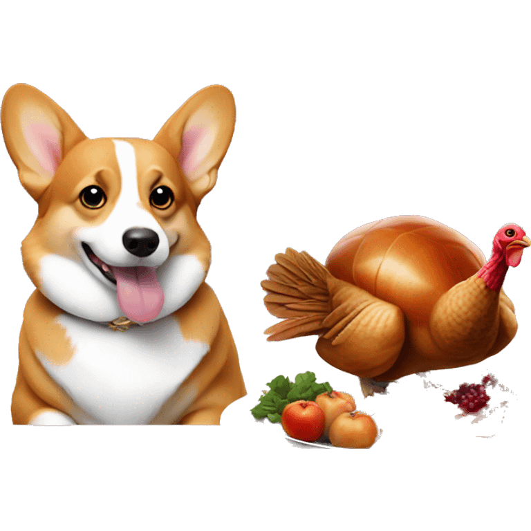 A corgi and a turkey sitting at a fancy table emoji