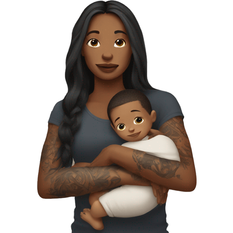  Woman with tattoos on arm with long hair holding a baby boy emoji