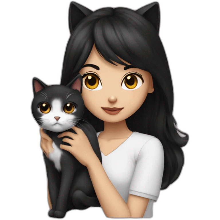 Persian girl with black hair and black and white cat emoji