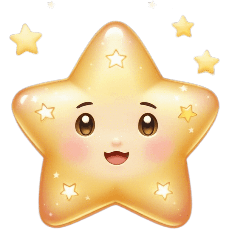 Cinematic cute sparkling star, chubby rounded edges, golden glow, tiny blushing cheeks, warm and gentle shine, twinkling softly in a pastel night sky. emoji