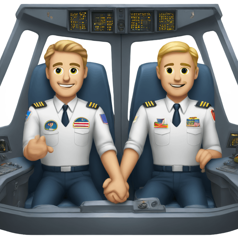 Two white male gay pilots holding hands in cockpit emoji