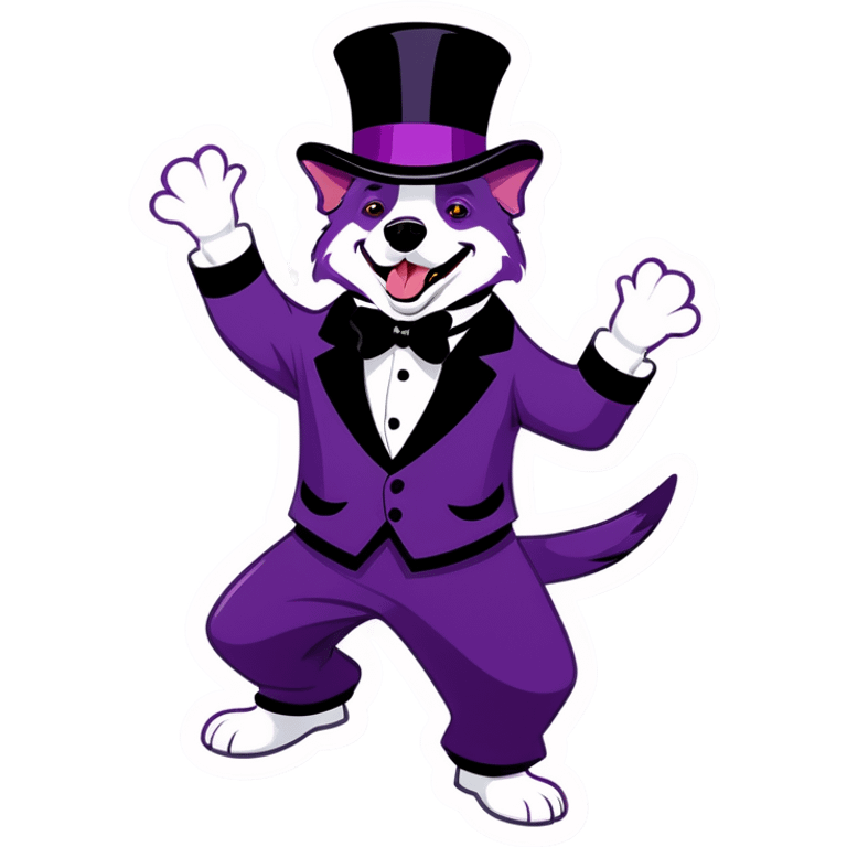 Purple dog wearing a top hat and dancing emoji