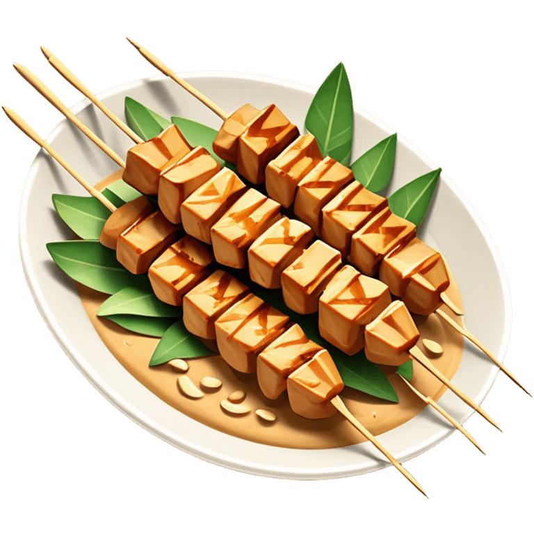 Cinematic Realistic Indonesian Chicken Satay Dish Emoji, depicted as succulent, marinated chicken skewers grilled to perfection with a subtle char, drizzled generously with a rich, creamy peanut sauce that glistens under warm, natural lighting. The vibrant textures of the tender meat and smooth, spicy sauce evoke the authentic flavors of Indonesian street food, rendered with lifelike detail and dynamic, appetizing lighting. emoji