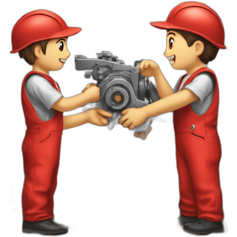 a team of two boys disassembling industrial machinery in red uniforms with an S drawn as a logo emoji