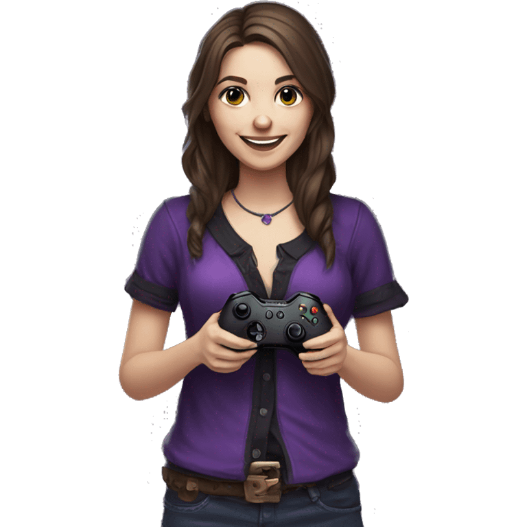 Brown haired gothic country gaming girl smiling holding a purple Xbox controller emoji