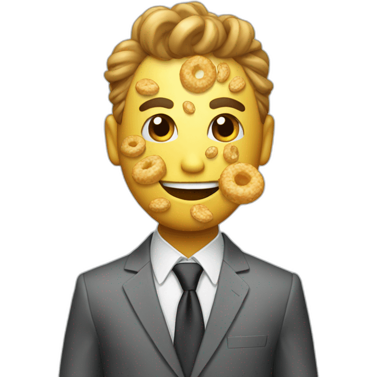 cereal mascot wearing a nice suit with a bowl of cereal for a head emoji