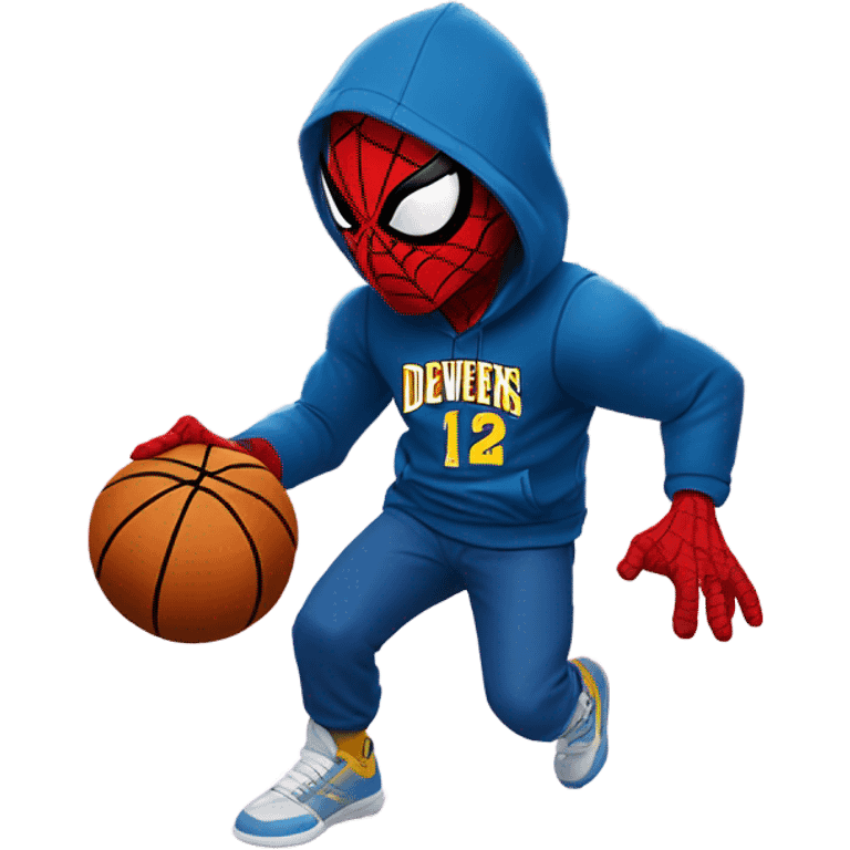 Spider-Man wearing a Denver Nuggets hoodie dribbling a basketball emoji