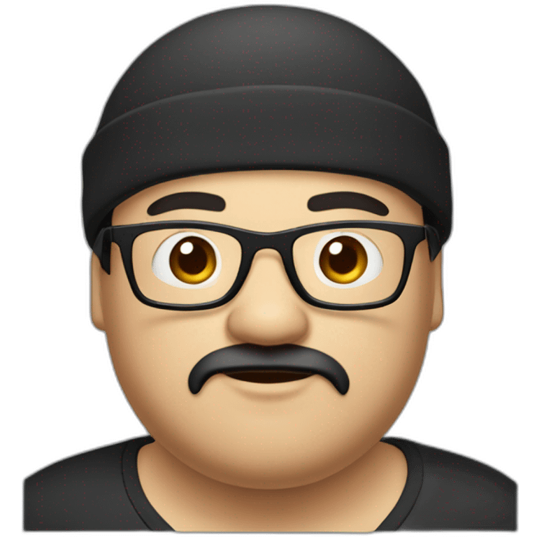 Overweight man with black hair wearing miniature skullcap on head, black scruffy beard and glasses. emoji