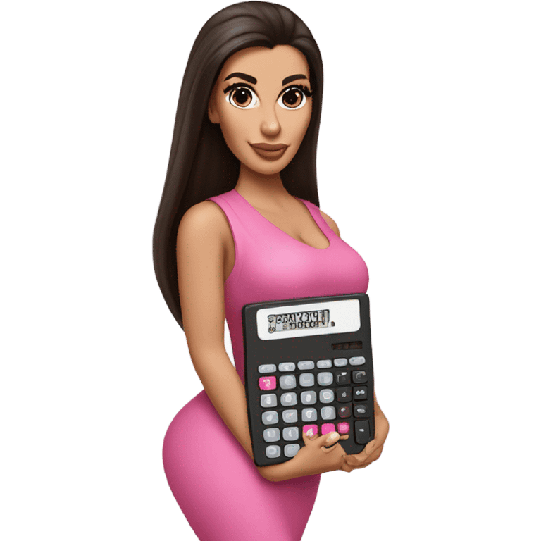 Hyper realistic kim kardashian with long straight brown hair holding a small pink calculator in her hand emoji