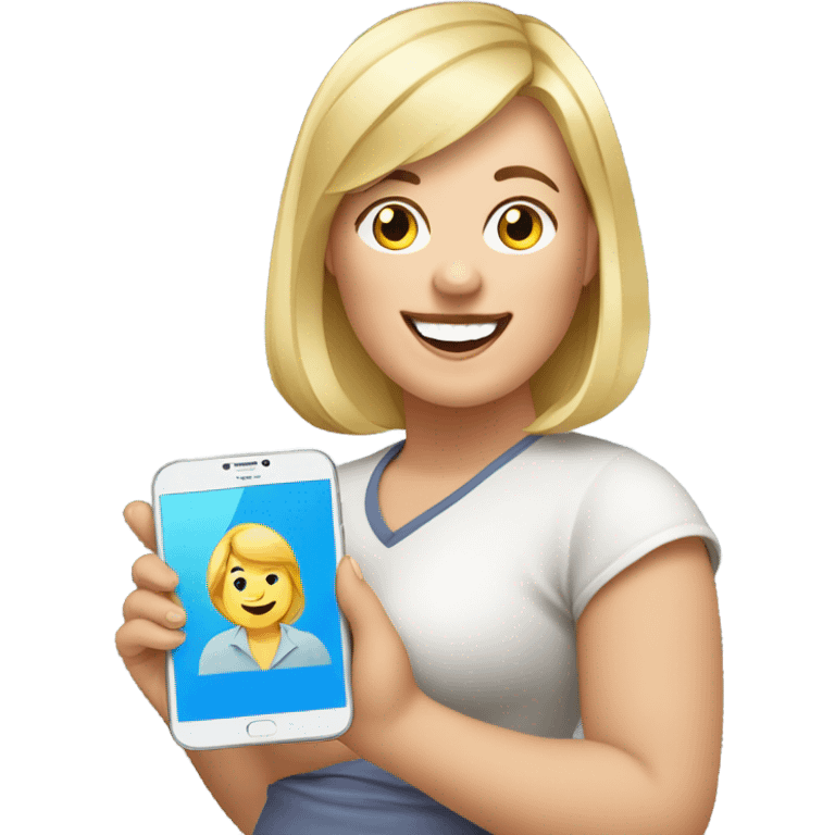 overweight blondie woman happy with a smartphone in hands showing charts emoji