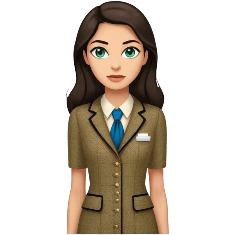 a 30 year old female venture capitalist with 50% greek and 50% american genes, 6 ft tall, long dark brown hair and blue/green eyes, wearing a chanel tweed professional dress, tan skin (make teh eyes a little less bright) emoji