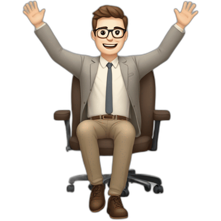 Joyful Celebrating victory Hands up Pale skinned Fit Man With dark brown hair in gray jacket, beige office shirt, Brown pants and vintage glasses sitting In a soft chair emoji