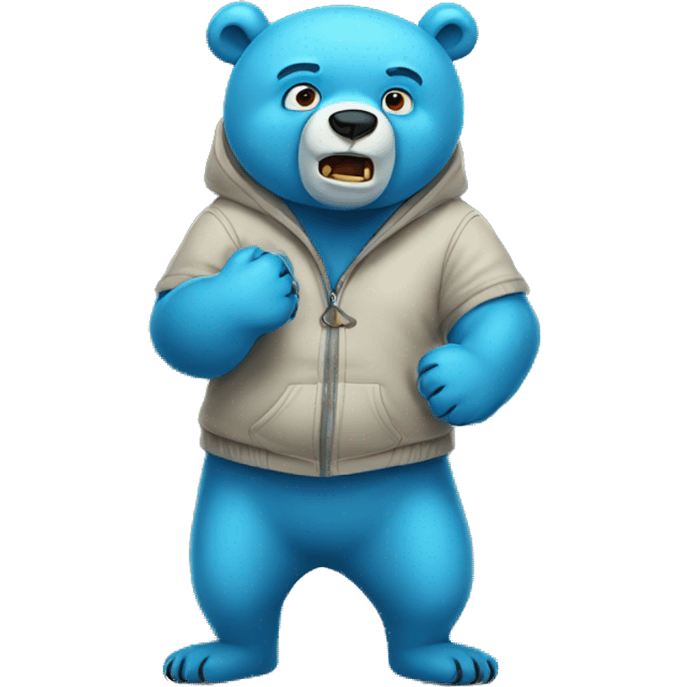 Grown Funny blue bear wearing clothes being scared and holding face  emoji