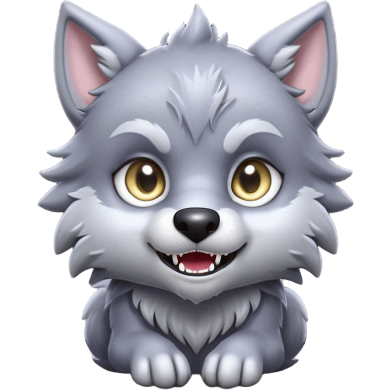 Cinematic Cute Werewolf Portrait Emoji, with a cuddly, miniature lupine form in soft moonlit grays and silvers, featuring oversized sparkling eyes and a sweet, endearing snarl, simplified yet irresistibly adorable, highly detailed with a gentle glowing outline that captures the playful, heartwarming essence of a little werewolf! emoji