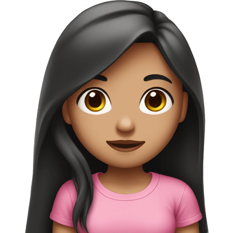 girl with fair skin and black long hair wearing pink t-shirt with cross in her heart emoji