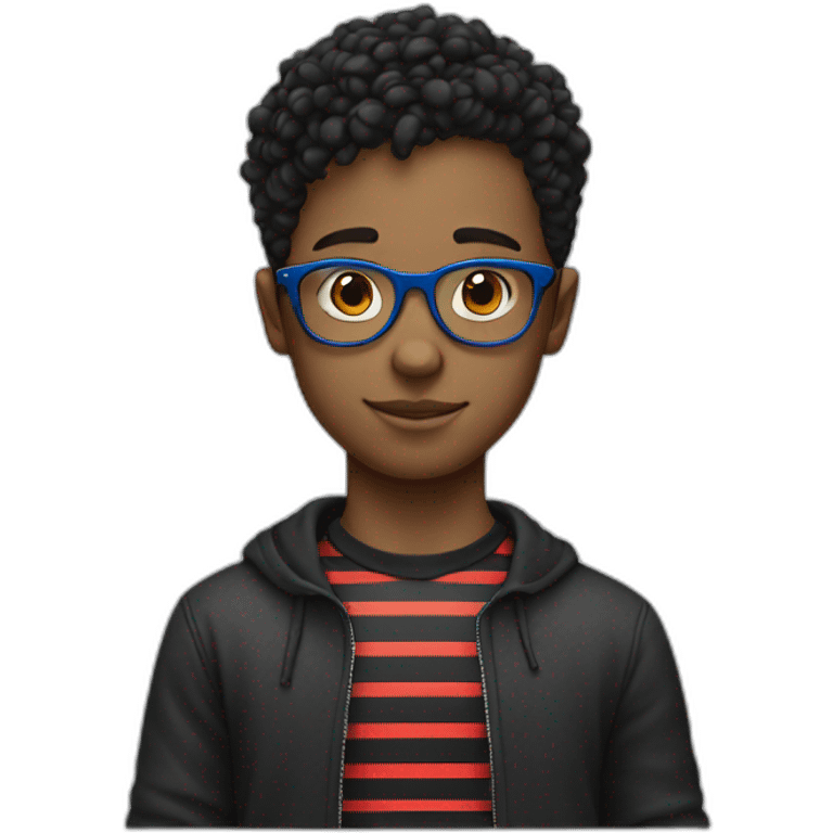 young boy with blue glasses, short hair, and black t-shirt anda red and black stripped shirt on top emoji