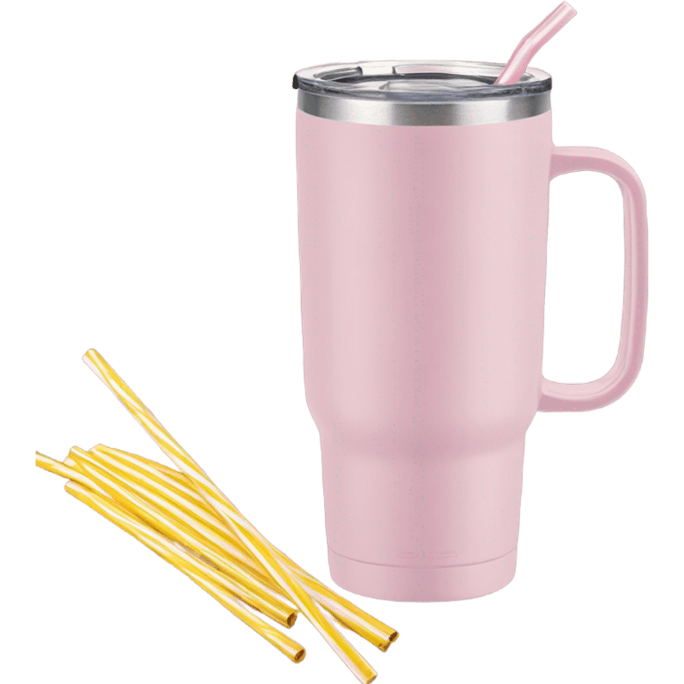 Pastel pink, 40 oz tumbler with handle, and straw emoji