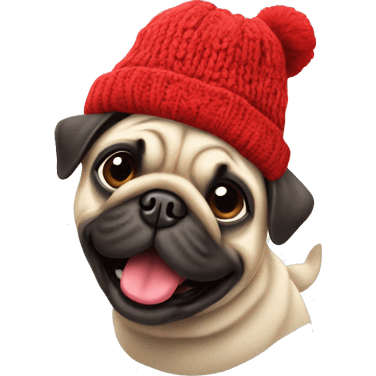 Cheerful pug in a red Knitted hat emoji