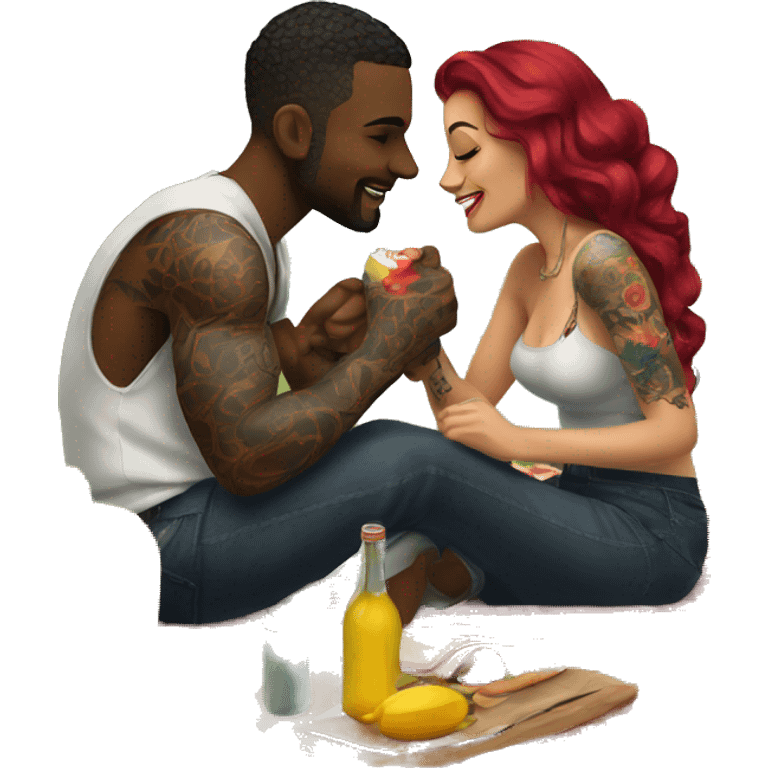 Romantic picnic date for beautiful tattooed couple emoji