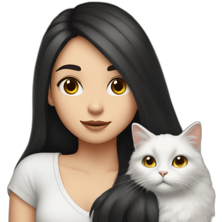 A girl with long dark hair and a white fluffy cat is lying on her left shoulder and neck emoji