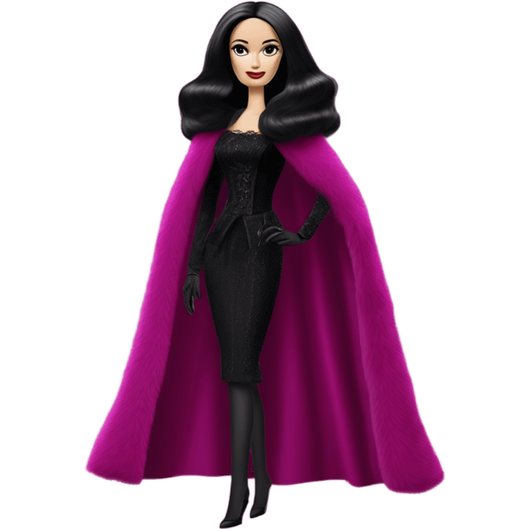 Fucshia ‘n Fur Barbie, Morticia Addams, cape,veil,funeralwear,show full body,accessories coat gloves  emoji