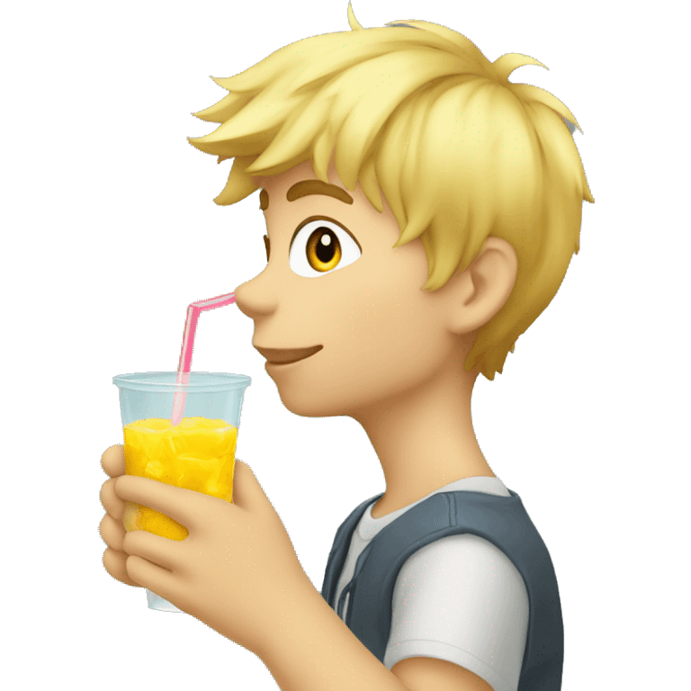 A blonde boy sucking juice with a straw while his hand is holding the drink, profile view emoji