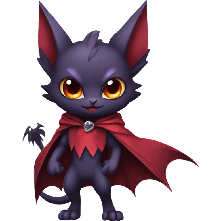  Black Red Purple Chibi Kawaii Edgy Cool Cute Vampiric Demonic Beautiful Noivern-Nargacuga-Litten with big Bat Ears and wearing a cape and collar full body emoji