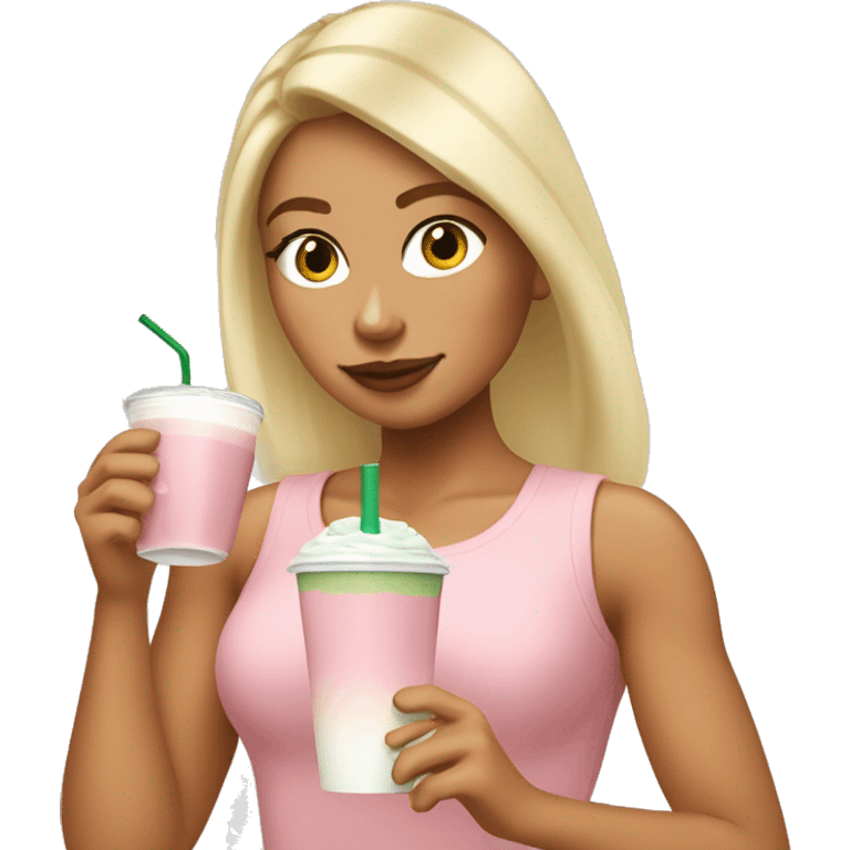 Swedish tanned Blonde girl with a pastel pink top drinking iced matcha latte ( not from Starbucks) emoji