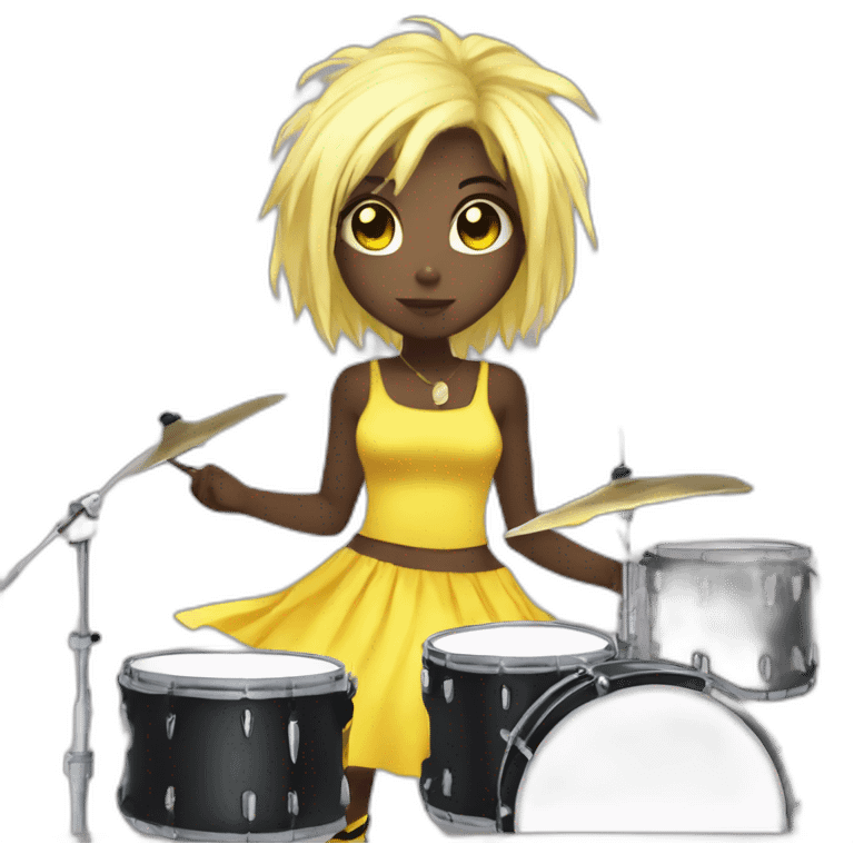 cute punk girl in yellow dress dark skin with yellow eyes and dark curvy hairs drummer anime style emoji