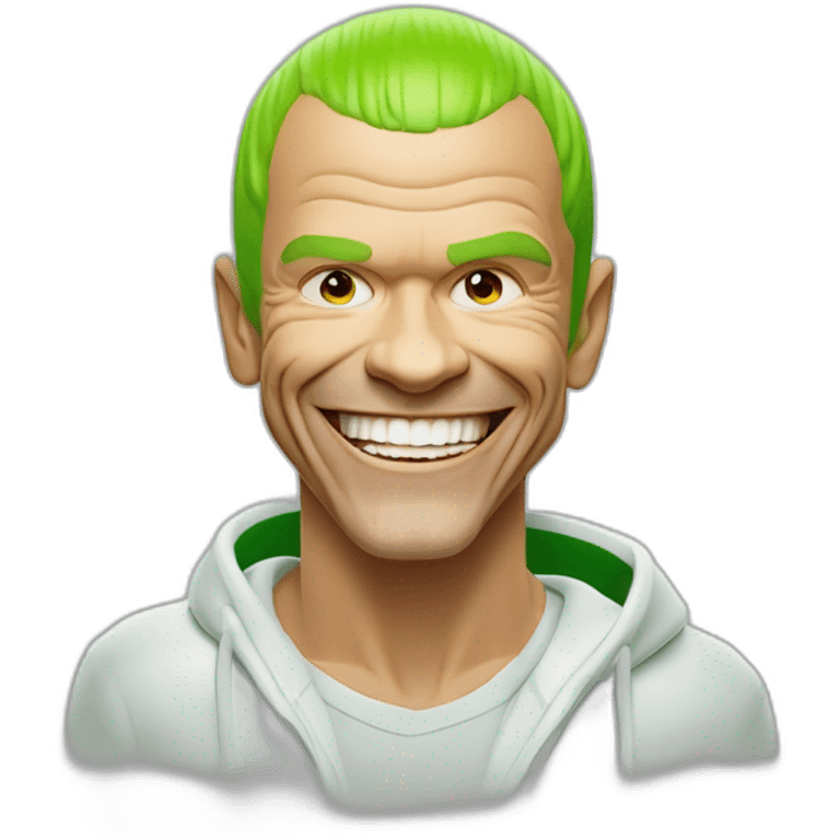 Michael “Flea” Balzary faceshot, with neon green short hair, smiling with gap in front teeth, bass player for Red Hot Chili Peppers emoji