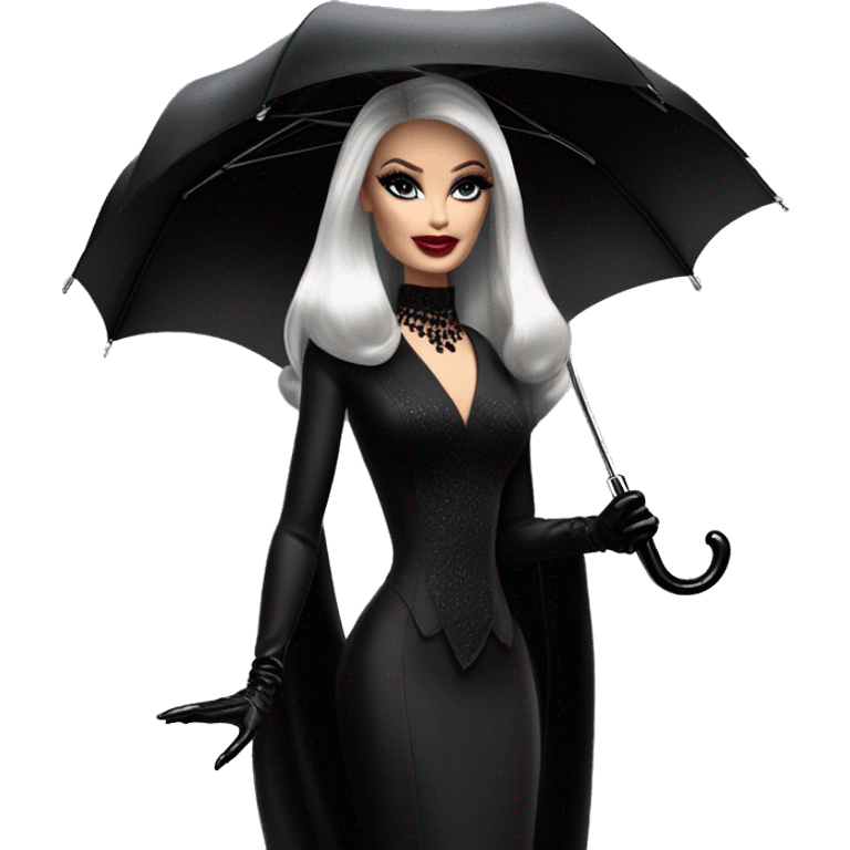 Stunning in the Spotlight Barbie, teen Morticia Addams,showing off, show full body,accessories  gloves funeral veil, umbrella  emoji