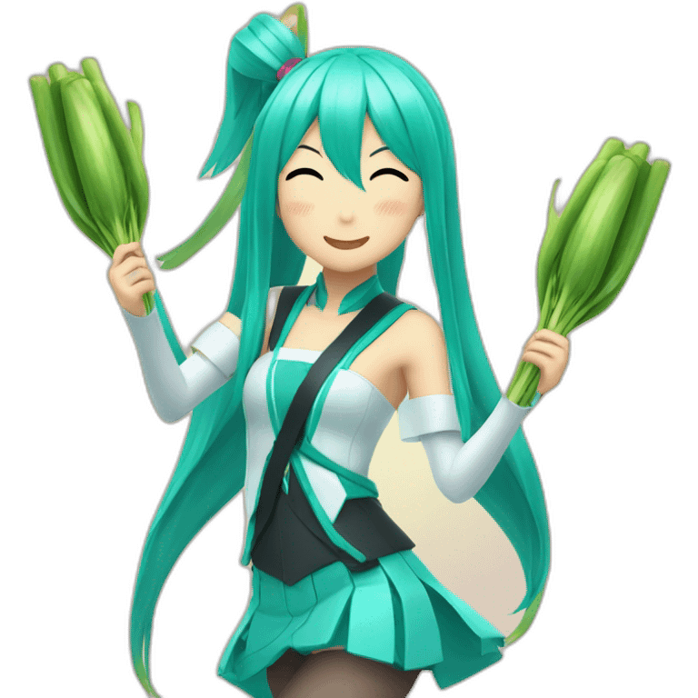 Hatsune Miku holding a leek and swinging it around emoji