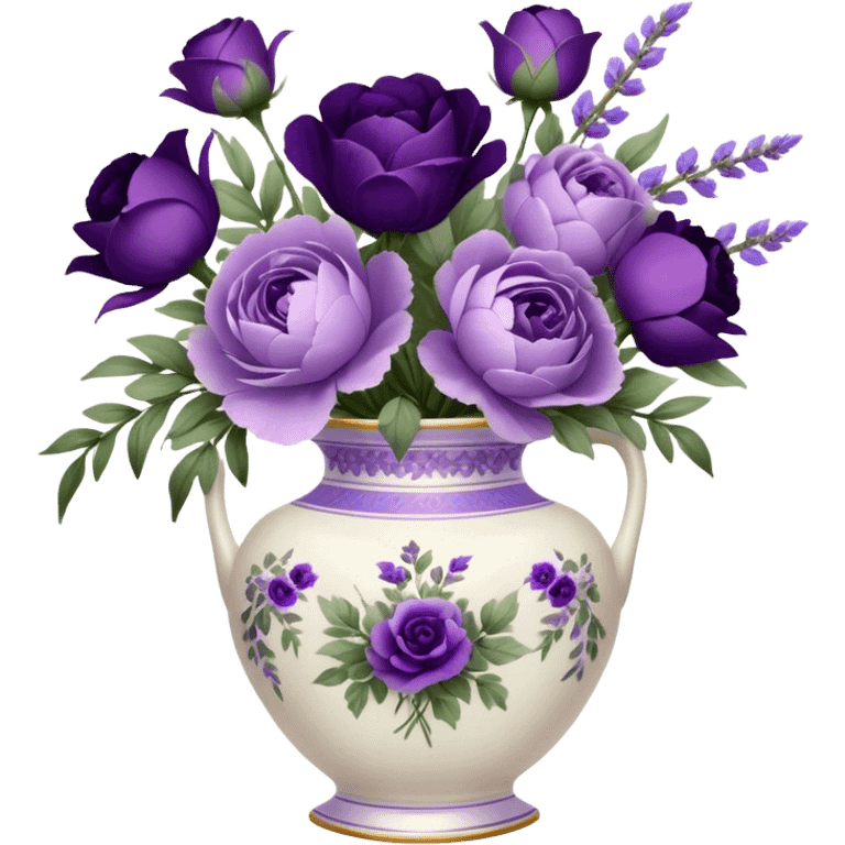 A dainty porcelain vase, hand-painted with delicate lavender pansies and deep purple roses, holds an elegant bouquet of amethyst-hued peonies, fragrant sprigs of wild lavender, and trailing silk ribbons, with a tiny heart-shaped charm dangling from its neck, swaying gently in the evening breeze.
 emoji