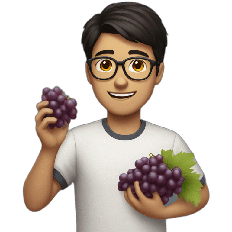 Dark-haired, bitter, bespectacled young man throwing grapes emoji